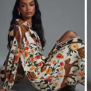 FARM Rio Button Down shirt Dress puff  Sleeve medium  gorgeous! leopard print